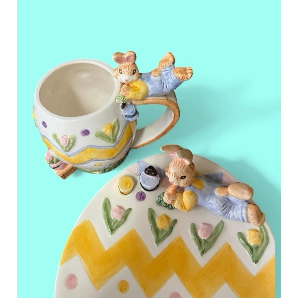 Fitz & Floyd Omnibus Eggspress Bunny‎ Rabbit Plate Cup Set Pastel Spring Vintage